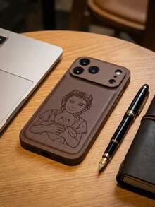 客製化雷射雕刻棕色人造皮革手機殼，相容 iPhone 13 14 15 16 17 18 Pro Max Plus Air 系列，個性化照片雕刻，復古紋理，防震保護殼，客製化圖像雕刻，適合家庭、情侶、朋友和個人肖像，寵物禮物手機殼 - 棕色 - 查看 3