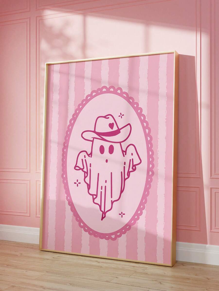 1pc Frameless Pink Halloween Ghost Cowgirl Art Canvas Poster Print, Cute Spooky Western Decor For Bedroom, Living Room, Apartment, Dorm, Kitchen, Room Decor Bedroom, Prints For Wall, Vintage Decor & Best Gift Choice - Cartoon - View 1