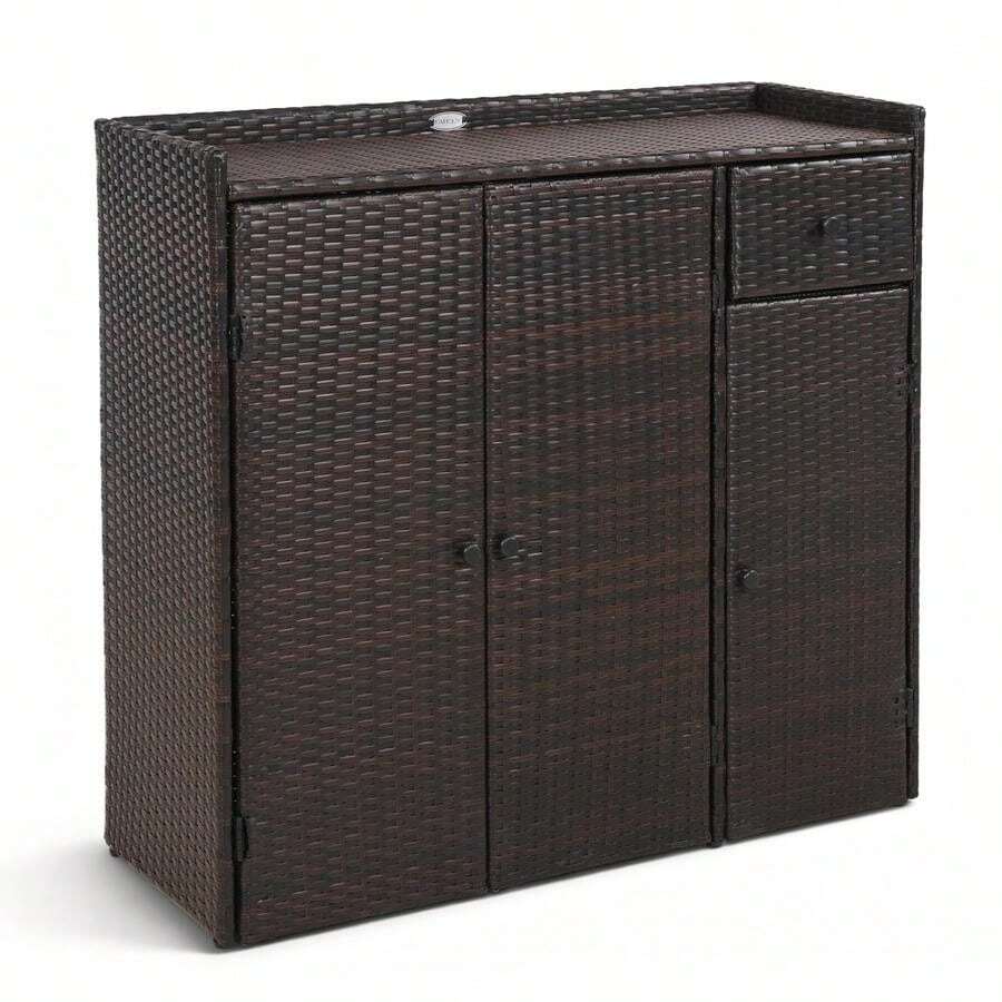 Outdoor PE Wicker Storage Cabinet With 3 Doors And Adjustable Shelves And Drawer-Brown-XY480924 - HW76154BN - View 1