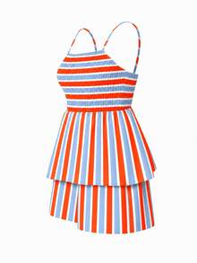 Vuslat Women's Summer Casual Commute Vacation Multi-Color Striped Print Ruched Pocket Camisole & Shorts 2-Piece Set, Suitable For Casual Vacation, Work Commute, Travel, Dating, Summer Holiday Casual Wear, Daily Wear, Back To School, Mexico Parade Outfit - Multicolor - View 4