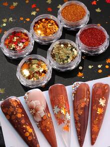 6件組金色楓葉美甲亮片與閃粉，黃紅全息秋季楓葉箔片，DIY美甲飾品裝飾，適合女性 - 彩色 - 查看 2