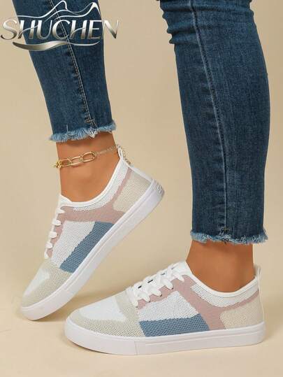 1 Pair Women's Colorblock Athletic Shoes, Breathable Mesh Lace-Up Flat White Sole Lightweight Walking Casual Training Sneakers