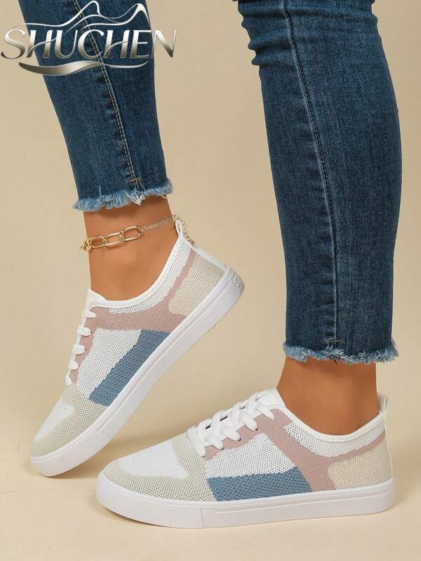 1 Pasang Sepatu Atletik Wanita Colorblock, Jaring Bernapas, Bertali, Sol Putih Datar, Ringan, Sepatu Sneaker untuk Berjalan, Santai, dan Latihan.