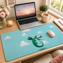 Cute Cartoon Green Dragon & White Cloud Large Vanity Pad, Light Blue Sky Background Print Non-Slip Rubber Extended Mouse Pad, Waterproof Long Keyboard Mat, Suitable For Makeup Desk & Office Desktop Decoration - View 2