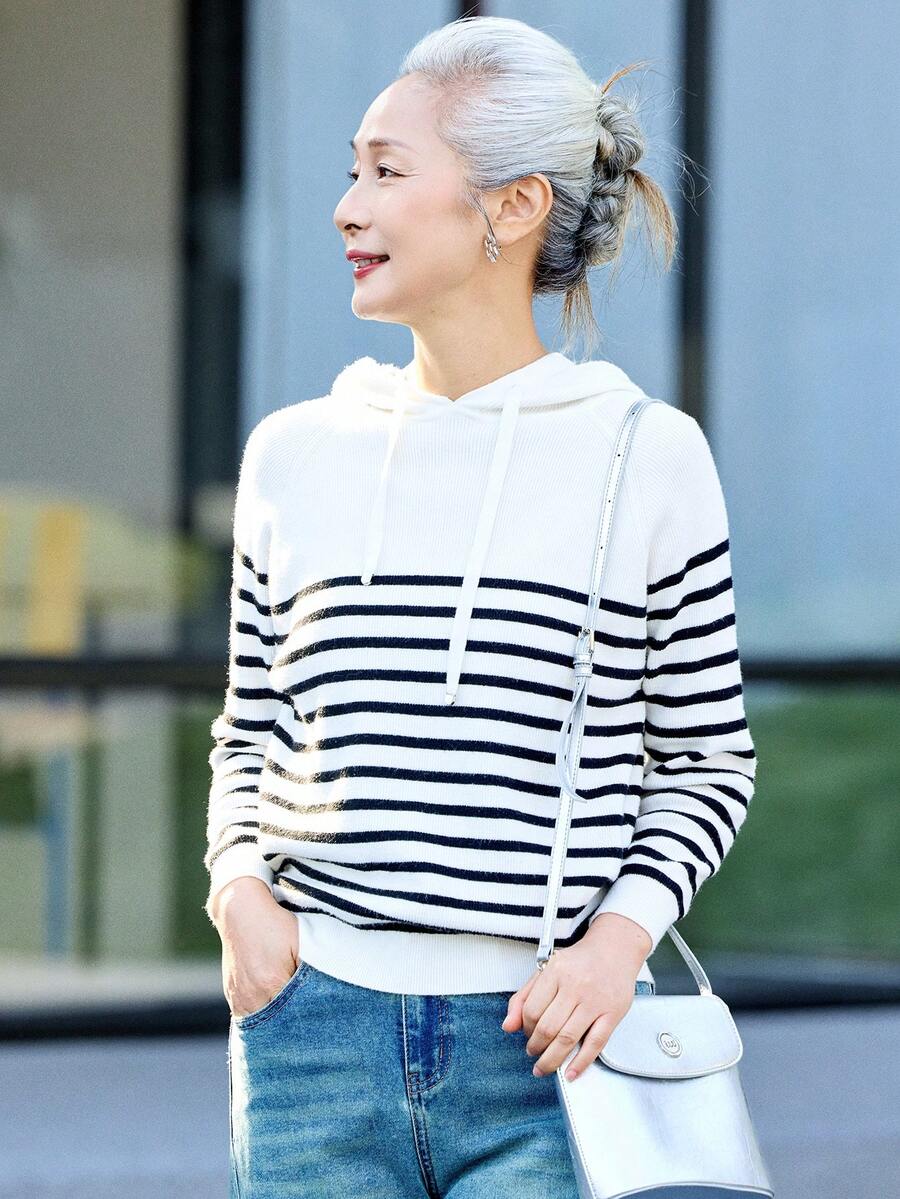 女款時尚條紋連帽針織毛衣,舒適針織套頭上衣,適合萬聖節、感恩節、聖誕節及週末穿搭 - 白色 - 查看 1
