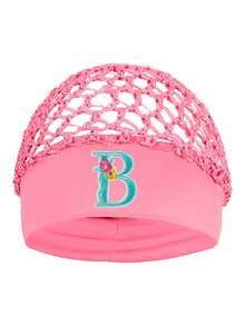Floral Embroidered Letter Mesh Cap For Women - Personalized Initial Alphabet Elastic Wide Band Hair Bonnet, Crochet Hollow Out Night Sleep Hat - Pink - View 24