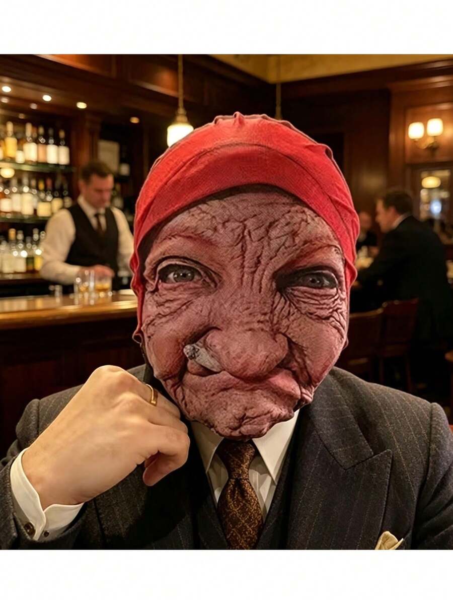 1 Set Halloween Party Decoration Mask, Red Headscarf With Old Woman Pattern, Funny Prank Mask, Holiday Party Decoration, Photo Prop, Breathable Elastic Mesh Fabric, Suitable For Carnival And Halloween, Funny Party Decoration Mask - Multicolor - View 1
