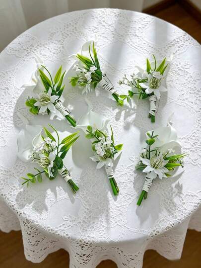 1pc/6pcs Premium Artificial Calla Lily & Rose Groom Boutonniere, Men's Groomsmen Corsage Wrist Flower, Suitable For Graduation, Suit Pin, Wedding, Fresh Flower Party, Wedding Decor