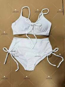 "MODE LADY" Cute 100-Pack Simple Black Ribbon Tie Bikini, Sexy One-Piece Swimsuit, Amphibious Swimsuit Set, String Bikini With Front Tie Design, Black, Perfect For Beach, Pool, And Hot Springs, Cute And Adult Black Bikini, Side Lace-Up, Excellent Fit, Flocked - White - View 4