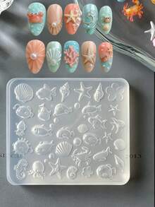 1件海洋矽膠美甲模具，3D貝殼海星魚螃蟹圖案美甲飾品模具，可用於製作凝膠美甲與設計美甲，3D美甲藝術模具，DIY裝飾用 - 無色 - 查看 2