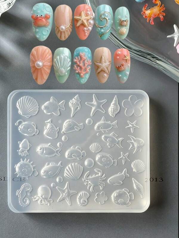 1pc Ocean Silicone Nail Molds,3D Seashell Starfish Fish Crab Pattern Nail Charm Molds To Make Gel And Design Nails, 3D Nail Art Molds For Art DIY Decorations