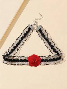 1pc Women's Vintage Fashion Elastic Mesh Wavy Rose Flower Choker Necklace Gothic Collarbone Chain Necklace - Multicolor - View 6