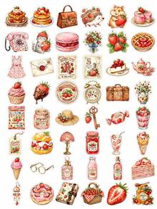 50 Peças Adesivos Vintage de Morango em Aquarela, Doces, Geleia de Morango, Torta, Macaron, Relógio, Caixa de Correio, Estética Pastoral Suave e Quente, Decoração para Diário, Envelope, Capa de Telefone, Scrapbook & Artesanato para Amantes de Cottagecore - Multicolorido - Visão 6
