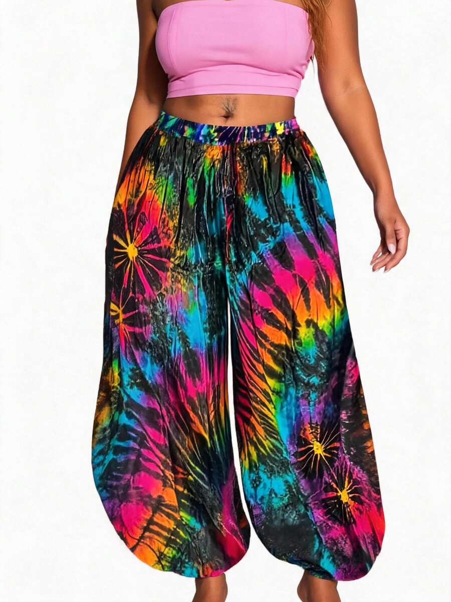 Plus Size Women Loose Tie-Dye Drawstring Wide Leg Pants Casual Black Spring