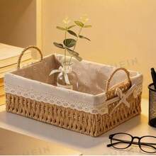 Caja de almacenamiento de ratán tejida, Cesta de almacenamiento tejida, Caja organizadora de paja tejida, Caja de almacenamiento para entrada, sala de estar, mesa de café, llaves, aperitivos, juguetes, artículos diversos, cosméticos, Cesta de almacenamiento multiusos adecuada para baño, dormitorio, sala de estar, Cesta de regalo decorativa - Caqui - Ver 7