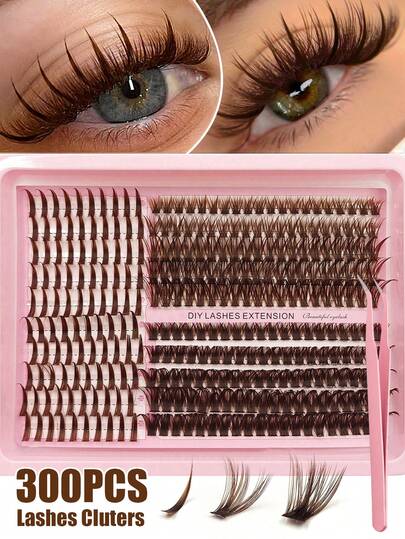 300PCS Brown Lash Spikes Lash,Manga Eyelash Cluster,60D+80D,10-20mm Mixed,D Curl Lash Clusters Fairy Eyelash Cluster Spiky Individual Lashes For Holiday Parties,Daily,Christmas Gifts Music Festival&Travel.World Cup,Tweezers