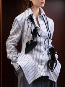 Women's Fashion Commuter Long Sleeve Collared Asymmetric Waist Striped Shirt (With Shoulder Pads) Front Placket Button Asymmetric Design Office Daily Date Style - Blue and White Stripes - View 2
