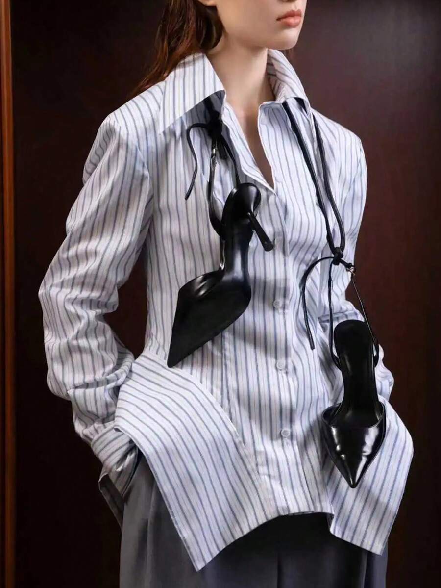 Women's Fashion Commuter Long Sleeve Collared Asymmetric Waist Striped Shirt (With Shoulder Pads) Front Placket Button Asymmetric Design Office Daily Date Style