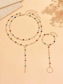 3pcs/Set Luxury Elegant Colorful Rhinestone Finger Chain & Necklace Set, Vintage Women's Neck & Hand Jewelry, Suitable For Daily Wear, Dates And Parties, Chain Length Cut By Sections, Random Color Arrangement Of Rhinestones - Multicolor - View 2