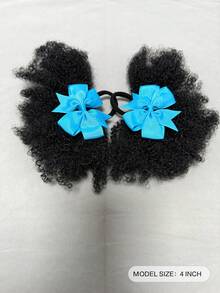 2PCS African Small Curls With Bubble Hair And Ponytail Wig With Bow For Children - 自然黑 - 查看 2