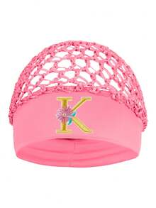 Floral Embroidered Letter Mesh Cap For Women - Personalized Initial Alphabet Elastic Wide Band Hair Bonnet, Crochet Hollow Out Night Sleep Hat - Pink - View 11