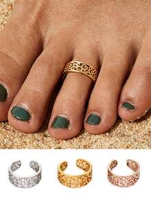 3pcs/1pc Elegant Bohemian Hollow Adjustable Wide Opening Toe Rings, Silver/Gold/Rose Gold Stainless Steel Women's Toe Rings, Suitable For Daily, Holiday, Beach Vacation Outfit Accessories - Toe Ring - View 1