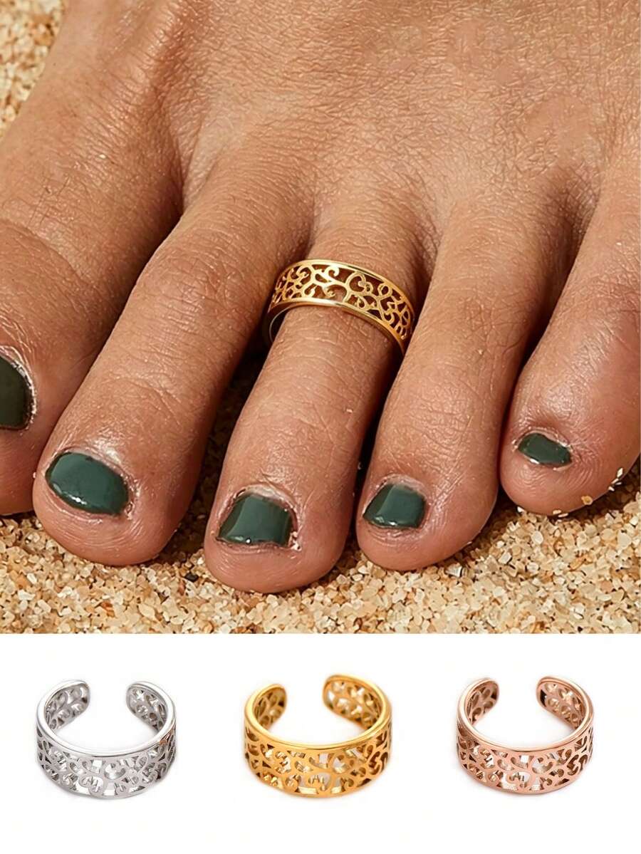 3pcs/1pc Elegant Bohemian Hollow Adjustable Wide Opening Toe Rings, Silver/Gold/Rose Gold Stainless Steel Women's Toe Rings, Suitable For Daily, Holiday, Beach Vacation Outfit Accessories - Toe Ring - View 1