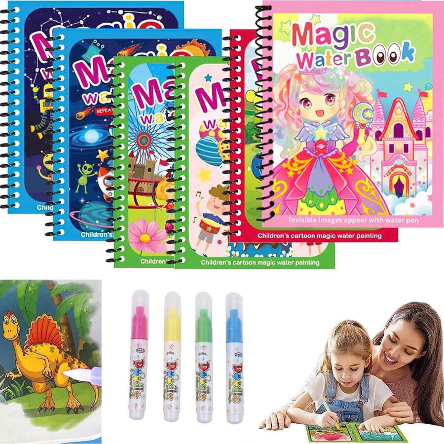 Refillable Water Pen Magic Water Painting Book, Reusable Princess Dream Theme Coloring Book, Paper And Plastic Material, Spiral Binding, Clean Drawing Activity Toy For Kids, Suitable For Travel, Birthday, Holiday Gifts - Multicolor - View 1
