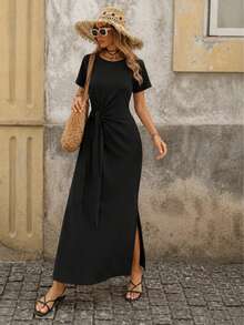 Women's Navy Blue Side-Tie Midi Dress - Short-Sleeve Crewneck Ruched Maxi Dress With Side Slit For Office, Elegant Dinner Date & Casual Smart Outfits - Black - View 3