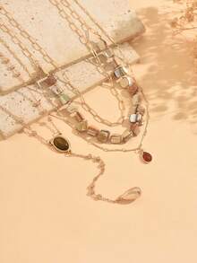 4pcs/Set Vintage Multi-Layer Necklace Set, Plain Chain Layering With Beaded Water Drop Tiger Eye Stone Decor Y-Shaped Neck Chain, Women's Neck Jewelry Suitable For Holiday, Party, Beach, Casual Outing, Daily Wear, Beaded Shape, Size And Color Shade Are Random - Multicolor - View 3