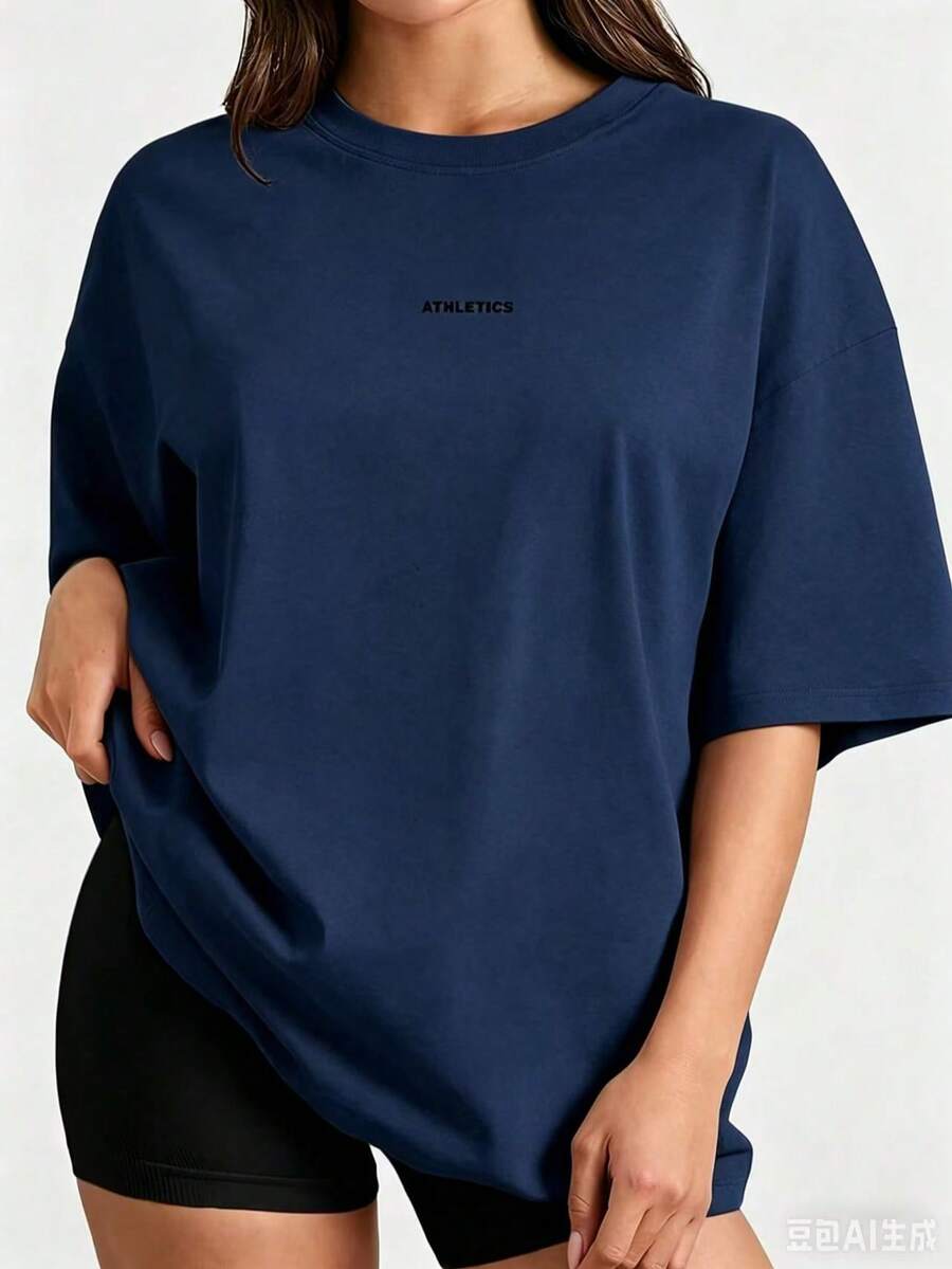 New Summer 2026 Collection, Locally Shipped Loose-Fit Graphic Tee, Short-Sleeve Breathable 100% Cotton, Casual Sports & Pilates Fitness Top - 藏青色 - 查看 1