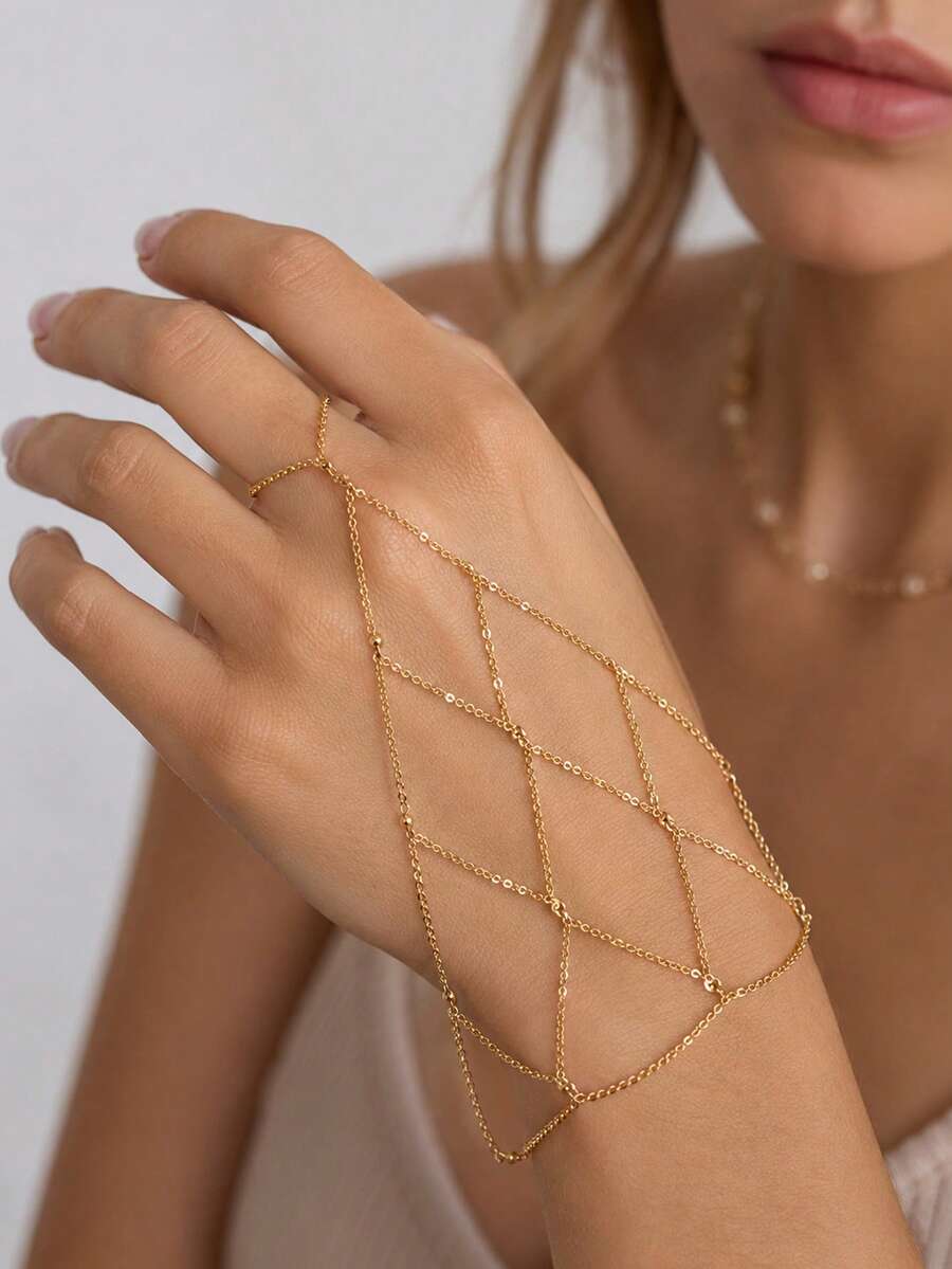 1 pieza Nuevo brazalete de cadena de dedo de malla nupcial, accesorio de brazalete de lujo con rhinestones - red - Ver 1