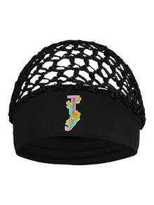 女款花卉刺繡字母網紗帽－個性化字母首字母彈性寬邊髮帽，鉤編鏤空夜間睡眠帽 - 黑色 - 查看 12