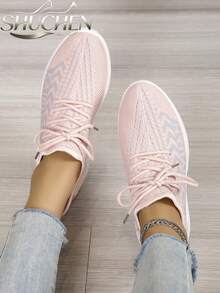 1 Pair Women's Pink Breathable Mesh Lace-Up Lightweight White Soft Sole Walking Casual Running Sports Shoes - Pink - View 4