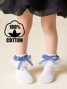 1 par de calcetines de fiesta versátiles para niños con volantes, lazo y estampado de cuadros en estilo princesa de algodón con encaje - Multicolor - Ver 11