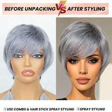 AMECIRE Wig Rambut Pendek Abu-abu, Wig Potongan Pixie, Wig Rambut Manusia, Wig Rambut Lurus, Wig untuk Wanita dengan Poni 4 Inci, Desain Bergaya, Cocok untuk Semua Orang - SGray - View 4