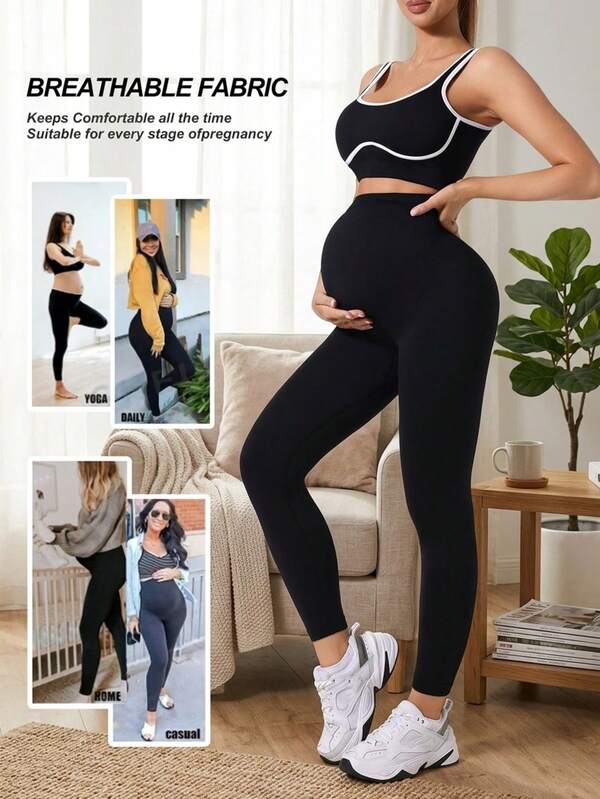 Conjunto Esportivo de Maternidade Sem Costura de 2 Peças para Mulheres, Regata Preta com Alta Elasticidade, Legging de Cintura Ultra Alta com Suporte Abdominal, Roupa Casual de Fitness e Exercício para o Verão