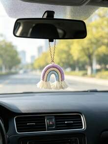 1pc Pearl Decorated Woven Rainbow Car Rearview Mirror Hanging Ornament, Car Interior Decorative Pendant - A - View 6