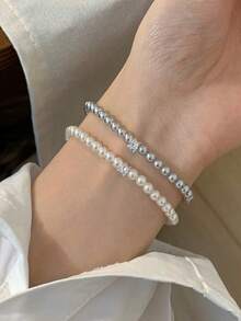 1件精美女士首饰，S925纯银珍珠方糖手链，优雅小众INS风新款配饰，适合日常佩戴和派对礼物 - #1 - 查看 5