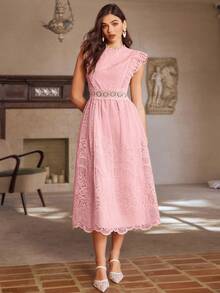 Women's New Mesh Embroidery Ruffle Trim Sleeveless Long Dress, Suitable For Wedding, Party Wear, Non-Stretch Fabric, Recommend Ordering One Size Up - Pink - View 6