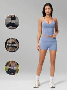 MFVIM Women's New Fashion Yoga Outfit Set, Halter V-Neck Waist-Flattering Slimming Contrast Color Sports Set, Versatile Soft Skin-Friendly Fabric Casual Running Tight Yoga Workout Clothes, Suitable For Daily Commute, Outdoor, Sports, Travel, City Stroll And Various Occasions - Aqua Blue - View 6