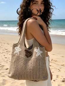 New Starfish & Shell Design Large Capacity Shoulder Tote Bag, Women Knitted Hollow Out Handbag - A - View 2