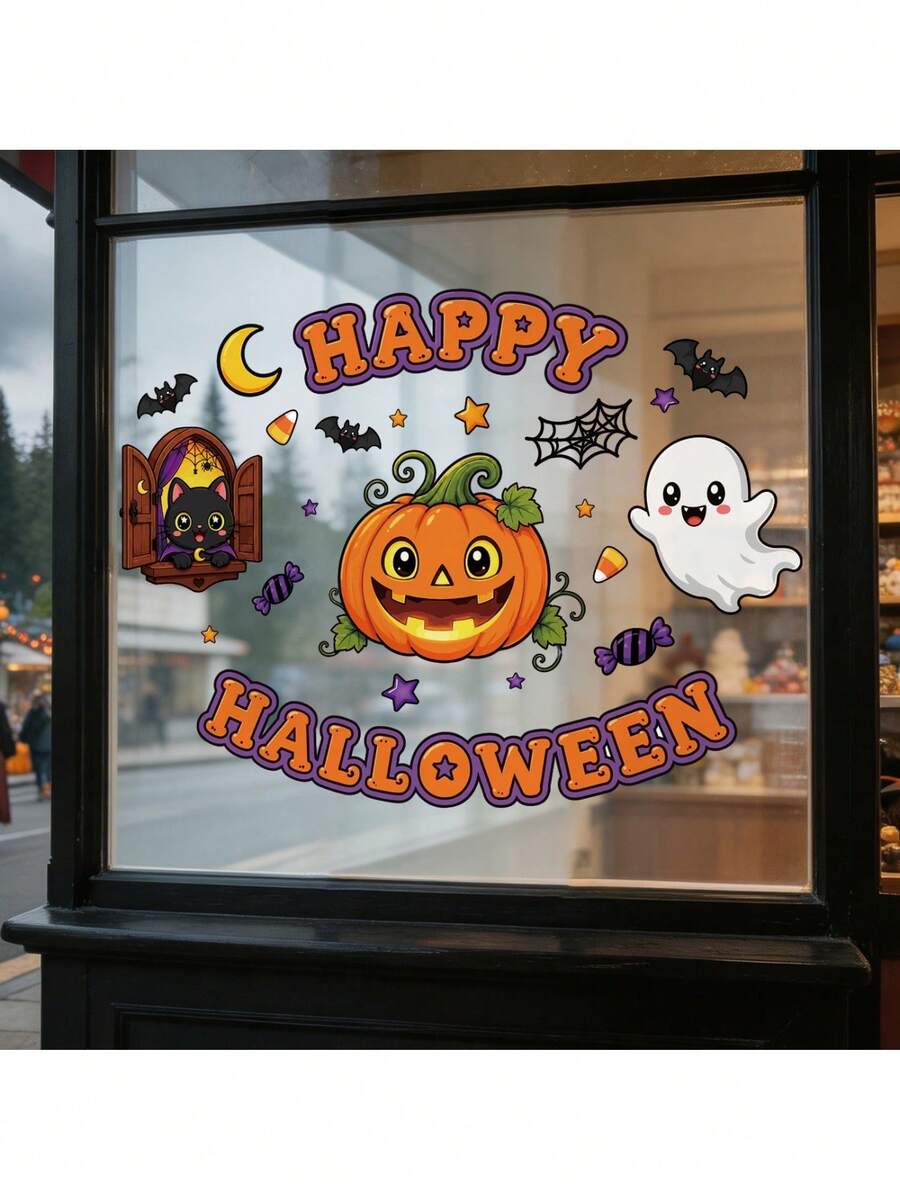1PC Cute Cartoon Pumpkin Ghost Black Cat Static Window Sticker Happy Halloween Bat Spider Web Moon Candy Star Double-Sided Printed PVC Static Sticker No Glue Glass Decal Removable Reusable Home Store Window Door Halloween Party Holiday Decoration - Cartoon Pumpkin Ghost Black Cat - View 1