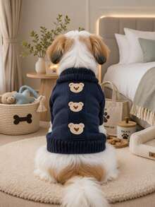 1pc Pet Clothes Autumn/Winter Warm Small Dog Puppy Cute Style Versatile Round Neck Cookie Bear Sweater - Navy Blue - Navy Blue - View 2