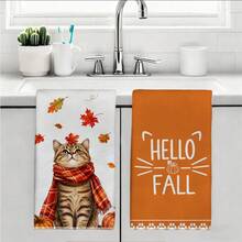 MEMNUN 2 Pcs Autumn Cute Striped Scarf Cat Print Pattern Kitchen Towel Dishcloth, Ultra-Fine Microfiber Polyester Material, Autumn Maple Leaf Pumpkin Hello Fall Decorative Hand Towel, Thanksgiving Home Fabric Hanging Towel, Home Decor, Kitchen Decor, Fall Decor, Suitable For Restaurant, Kitchen, Home Decoration And Gift, 40*60cm/45*70cm - Multicolor - View 10