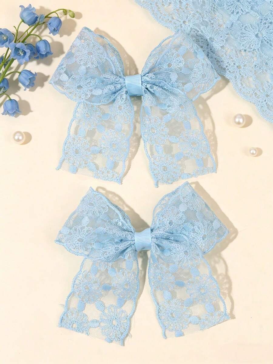 2件裝純色蕾絲蝴蝶結髮夾,藍色刺繡花卉髮夾女童用,優雅婚禮派對髮飾,仙女風髮夾,嬰兒髮飾 - 藍色 - 查看 1