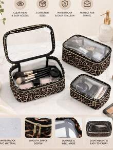 3pcs/Set Leopard Print Cosmetic Bag, Makeup Bag, Travel Organizer Bag, Toiletry Bag, Large Capacity Makeup Pouch, Suitable For Women, Travel Essentials - Leopard - View 2