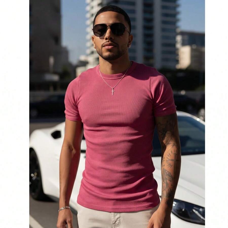 American Ribbed Fitted T-Shirt, Gringa Style, Slim Fit, Casual, Premium Men's Spring/Summer - ROSA - Ver 1