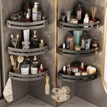 Rust-Proof Plastic Corner Shower Caddy - Wall-Mounted Curved Design Shampoo, Cosmetics And Toiletries Storage Rack, Space-Saving Storage Shelf, Suitable For Small Bathroom, Toilet, Kitchen, Dorm, Bedroom, Suitable For Back To School, Independence Day, Suitable For Christmas Gift, Halloween Gift - Multicolor - View 11
