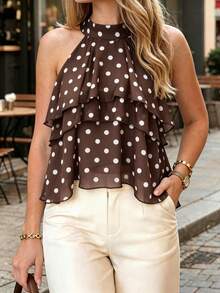 New Women's Polka Dot Halter Neck Chiffon Top, Multi-Layer Ruffle Hem Casual Elegant Sleeveless Top, Festival, Beach Summer - Rust Brown - View 2
